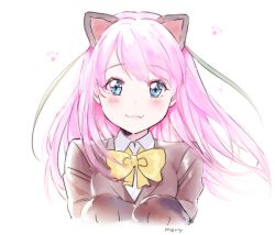 Rule 34 | 10s, 1girl, animal ears, animal hands, artist name, bad id, bad pixiv id, blazer, blue eyes, blush, bow, bowtie, breasts, brown jacket, cat ears, closed mouth, collared shirt, eyebrows, eyelashes, fang, fang out, gloves, green hair, hashimoto nyaa, jacket, lipstick, long hair, looking at viewer, makeup, medium breasts, mery (yangmalgage), multicolored hair, osomatsu-san, osomatsu (series), paw gloves, paw print, pink hair, shirt, simple background, smile, solo, streaked hair, swept bangs, upper body, white background, white shirt, yellow bow, yellow bowtie