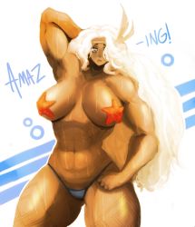 Rule 34 | 1girl, abs, amazon (dragon&#039;s crown), arm up, armpits, bad id, bad tumblr id, bikini, bikini bottom only, blush, breasts, circlet, dark-skinned female, dark skin, dragon&#039;s crown, english text, feather hair ornament, feathers, gats (nougats), hair ornament, hair over one eye, large breasts, muscular, muscular female, navel, pasties, solo, star pasties, sweat, swimsuit, tattoo, thick thighs, thighs, white hair