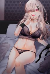 Rule 34 | 1girl, ahoge, bed, bed sheet, bedroom, black bra, black panties, blush, bow, bow bra, bow panties, bra, breasts, cleavage, collarbone, embroidered panties, embroidery, gomo, grey hair, hair ornament, hair over one eye, highres, indoors, lace, large breasts, lingerie, long hair, looking at viewer, lying, mole, mole under eye, navel, nijisanji, on back, on bed, open mouth, panties, pillow, pink eyes, sheet grab, solo, sukoya kana, sukoya kana (5th costume), tongue, tongue out, underwear, underwear only, virtual youtuber, x, x hair ornament