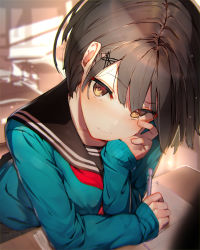 Rule 34 | 1girl, absurdres, aqua sweater, arm support, black sailor collar, black skirt, blurry, blurry background, blush, bob cut, breasts, brown eyes, brown hair, classroom, closed mouth, collarbone, depth of field, desk, enj!, female focus, fingernails, hair between eyes, hair ornament, hairclip, hand on own cheek, hand on own face, head rest, head tilt, highres, holding, holding pencil, indoors, leaning forward, long sleeves, looking at viewer, matching hair/eyes, mechanical pencil, neckerchief, nose blush, original, pencil, pleated skirt, red neckerchief, sailor collar, school uniform, serafuku, short hair, skirt, sleeves past wrists, small breasts, solo, sweater, x hair ornament