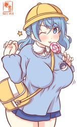 Rule 34 | 1girl, alternate costume, artist logo, bag, between breasts, blue eyes, blue hair, blue shirt, blue skirt, breasts, candy, commentary request, cowboy shot, dated, double bun, food, hair bun, hat, kanon (kurogane knights), kantai collection, kindergarten bag, kindergarten uniform, large breasts, lollipop, long sleeves, looking at viewer, medium hair, name tag, one-hour drawing challenge, pleated skirt, school hat, shirt, simple background, skirt, smock, solo, strap between breasts, urakaze (kancolle), white background, yellow hat