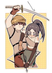 Rule 34 | 1boy, 1girl, a&#039;xian (the legend of luoxiaohei), arrow (projectile), bbbone923, bow (weapon), brown eyes, brown gloves, brown hair, brown headwear, brown pants, cowboy shot, fingerless gloves, geshao (the legend of luoxiaohei), gloves, grey eyes, hat, highres, holding, holding bow (weapon), holding sword, holding weapon, long hair, pants, ponytail, short hair, short sleeves, sword, luo xiaohei zhanji, weapon