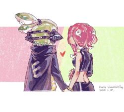 Rule 34 | 1boy, 1girl, 2024, agent 3 (splatoon), agent 8 (splatoon), black cape, breasts, cape, dated, film grain, from behind, green hair, happy valentine, headgear, heart, hetero, holding hands, inkling, inkling boy, inkling player character, long hair, long sleeves, medium breasts, nintendo, octoling, octoling girl, octoling player character, red hair, short hair, single bare shoulder, single sleeve, splatoon (series), splatoon 2, splatoon 2: octo expansion, suction cups, tentacle hair, thenintlichen96