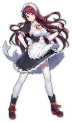 Rule 34 | 1girl, apron, artist request, black footwear, boots, breasts, clenched hand, fingerless gloves, game cg, gloves, hand on own hip, kujou riu, mahjong soul, maid, maid apron, maid headdress, medium breasts, official art, red eyes, red hair, simple background, solo, standing, thighhighs, transparent background, yostar