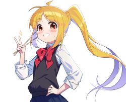 Rule 34 | 1girl, black skirt, blonde hair, blush stickers, bocchi the rock!, bow, brown eyes, collared shirt, drumsticks, grin, hand on own hip, hand up, highres, holding, ijichi nijika, long hair, long sleeves, looking at viewer, ohihil, parted bangs, ponytail, red bow, school uniform, shirt, simple background, skirt, smile, solo, sweat, sweater vest, v, very long hair, white background, white shirt