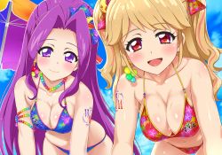 Rule 34 | 10s, 2girls, :d, aikatsu!, aikatsu! (series), armlet, beads, belly, bent over, bikini, blonde hair, blue bikini, blush, body blush, bow, breasts, cleavage, clothes writing, cloud, colorful, crescent, day, earrings, english text, eyelashes, floral print, hair bow, hair ornament, happy, jewel (the black canvas), jewelry, kanzaki mizuki, large breasts, light smile, lips, lipstick, long hair, looking at viewer, makeup, multicolored hair, multiple girls, natsuki mikuru, navel, necklace, open mouth, outdoors, print bikini, purple eyes, purple hair, red bikini, red eyes, skindentation, sky, smile, streaked hair, sweat, swimsuit, tattoo, two side up, very long hair, wavy hair