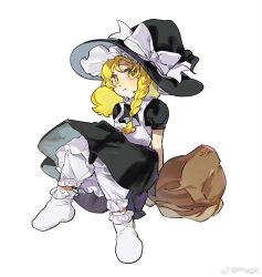 Rule 34 | 1girl, black dress, black hat, blonde hair, bloomers, bow, braid, broom, broom riding, closed mouth, commentary, dress, frilled socks, frills, hair bow, hat, hat ribbon, highres, kirisame marisa, long hair, no shoes, phagic, puffy short sleeves, puffy sleeves, ribbon, short sleeves, simple background, single braid, smile, socks, solo, symbol-only commentary, touhou, underwear, vest, weibo watermark, white background, white bloomers, white bow, white ribbon, white socks, white vest, witch hat, yellow eyes