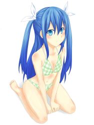 Rule 34 | 1girl, absurdres, arute arisu, between legs, bikini, blue eyes, blue hair, breasts, cleavage, collarbone, fairy tail, green bikini, hair ribbon, hand between legs, highres, kneeling, long hair, matching hair/eyes, navel, ribbon, simple background, small breasts, solo, swimsuit, two side up, wendy marvell, white background, white ribbon
