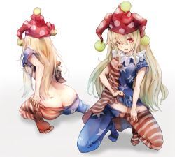 Rule 34 | 1girl, absurdres, american flag dress, american flag legwear, ass, blonde hair, blush, breasts, butt crack, clothes lift, clothes pull, clownpiece, dress, dress lift, from behind, hat, highres, jester cap, long hair, looking at viewer, medium breasts, multiple views, open mouth, pantyhose, pantyhose pull, polka dot headwear, pom pom (clothes), print dress, print legwear, red eyes, red headwear, safutsuguon, short sleeves, star (symbol), star print, striped clothes, striped dress, striped pantyhose, sweat, touhou, white background