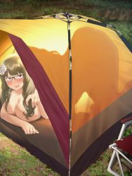 Rule 34 | 1girl, all fours, ass, breasts, chijo, curvy, female pervert, glasses, highres, large breasts, original, outdoors, pervert, plump, ryokucha michi, see-through silhouette, silhouette, solo, tent, thighs, topless