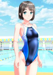 Rule 34 | 1girl, absurdres, black hair, black one-piece swimsuit, blue eyes, blue sky, breasts, cloud, collarbone, competition swimsuit, covered navel, cowboy shot, day, highres, lane line, looking at viewer, multicolored clothes, multicolored swimsuit, one-piece swimsuit, original, outdoors, pool, short hair, sky, small breasts, solo, standing, string of flags, swimsuit, takafumi