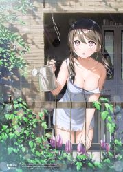 Rule 34 | 1girl, absurdres, babydoll, blush, breasts, brown eyes, brown hair, cleavage, collarbone, curtains, highres, holding, holding watering can, huge filesize, kantoku, leaf, lingerie, long hair, medium breasts, open mouth, original, scan, solo, standing, strap slip, twintails, underwear, watering can, white babydoll, window
