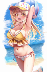 Rule 34 | 1girl, absurdres, armpits, arms behind head, arms up, ball, bang dream!, baseball cap, beach, beachball, bikini, blonde hair, blue sky, blush, breasts, cleavage, cloud, commentary request, cowboy shot, earrings, frilled bikini, frills, hat, heart, heart earrings, highres, holding, holding ball, jewelry, kamita, large breasts, long hair, looking at viewer, mismatched bikini, navel, ocean, open mouth, outdoors, sky, smile, solo, sparkle, standing, standing on one leg, swimsuit, tareme, tsurumaki kokoro, wet, wristband, yellow bikini, yellow eyes, yellow hat