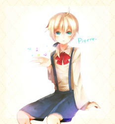 Rule 34 | 1boy, blonde hair, blue eyes, blush, bow, bowtie, character name, chloe no requiem, hair bow, male focus, musical note, open mouth, pierre d&#039;alembert, ponytail, short hair, shorts, sitting, solo, suspenders