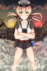 Rule 34 | 10s, 1girl, alternate costume, backpack, bag, blonde hair, blue eyes, blush, bottle, camera, casual, comiket, crossed arms, gunbuster pose, hat, highres, ichikawa feesu, kantai collection, long hair, low twintails, military hat, nikon (company), peaked cap, pocari sweat, prinz eugen (kancolle), shorts, smile, smoke, solo, translation request, twintails