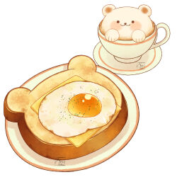 Rule 34 | bear, blush, bread slice, cheese, cup, dated, food, food focus, fried egg, fried egg on toast, highres, meikitefuka, no humans, original, plate, shadow, signature, simple background, smile, still life, toast, white background
