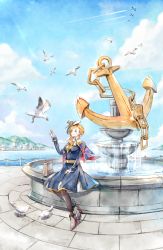 Rule 34 | 1girl, absurdres, aircraft, airplane, anchor, area (zero9971), azur lane, bird, black legwear, blonde hair, blue dress, blue eyes, blush, boots, breasts, building, capelet, chain, closed mouth, cloud, commentary request, contrail, crane (animal), day, dress, earrings, feeding, food, fountain, from side, full body, gloves, hair over shoulder, hat, high heels, highres, holding, holding food, hood (azur lane), jewelry, long hair, medium breasts, outdoors, seagull, sitting, sky, smile, sunlight, union jack, water, white gloves