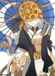 1boy animal artist_name blush brown_gloves cowboy_shot dark_souls_(series) dark_souls_i dark_sun_gwyndolin floral_print floral_print_kimono gloves gold_headwear grey_hair helmet highres holding holding_umbrella oil-paper_umbrella print_kimono short_hair simple_background snake solo spiked_helmet susukeya umbrella