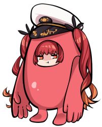 Rule 34 | 1girl, :t, azur lane, commentary request, cosplay, fall guy, fall guy (cosplay), fall guys, full body, hair ribbon, hat, honolulu (azur lane), long hair, peaked cap, red hair, ribbon, simple background, solo, sugoidere, transparent background, twintails, white background