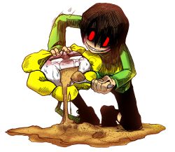 Rule 34 | androgynous, bad food, blush stickers, brown hair, chara (undertale), evil grin, evil smile, feeding, flower, flowey (undertale), force-feeding, full body, full mouth, g0966, gender request, grin, highres, kneeling, nervous sweating, no pupils, red eyes, sand, shaded face, shirt, simple background, smile, soil, solid oval eyes, spoilers, striped clothes, striped shirt, sweat, tears, teeth, undertale, white background