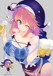 Rule 34 | &gt; &lt;, 1girl, :d, ;), > <, alcohol, animal hat, bare shoulders, beer, beer mug, blue eyes, blue headwear, blue one-piece swimsuit, breasts, chibi, chibi inset, closed mouth, collarbone, commentary request, cup, drinking glass, grey background, hat, heart, highres, holding, holding cup, large breasts, long hair, looking at viewer, mug, okunoda miyoi, one-piece swimsuit, one eye closed, open mouth, pink hair, puuakachan, shirt, simple background, smile, spoken heart, swimsuit, touhou, wet, wet clothes, wet shirt, whale hat, white shirt, xd