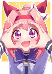 Rule 34 | 1girl, ?, absurdres, breasts, commentary request, freely2327, hair ornament, haru urara (umamusume), headband, highres, horse girl, looking at viewer, open mouth, pink eyes, ponytail, portrait, pov, pov hands, school uniform, simple background, small breasts, snoot challenge, solo, umamusume, white background, yellow background