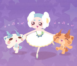 Rule 34 | 10s, 1girl, ^ ^, ballerina, beamed quavers, blue hair, blush stickers, brothers, chuno, closed eyes, crotchet, closed eyes, holding hands, komajirou, komasan, musical note, netaballerina, open mouth, purple background, quaver, siblings, star (symbol), traditional youkai, youkai watch