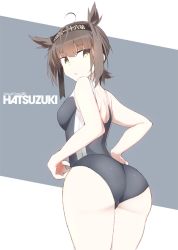 Rule 34 | 1girl, ass, black one-piece swimsuit, brown hair, clothes writing, competition swimsuit, cowboy shot, from behind, grey background, hachimaki, hair flaps, hatsuzuki (kancolle), headband, kantai collection, looking at viewer, looking back, one-piece swimsuit, shigino sohuzi, short hair, solo, swimsuit, two-tone background, white background, yellow eyes