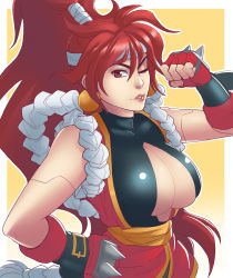 Rule 34 | 1990s (style), 1girl, android, bloodberry, breasts, center opening, cleavage, earrings, flexing, gloves, greenmarine, highres, japanese clothes, jewelry, large breasts, lips, long hair, one eye closed, ponytail, red eyes, red hair, retro artstyle, rope, saber marionette j, shimenawa, solo, spikes
