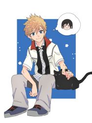 Rule 34 | 1boy, 8sami64, black hair, blonde hair, blue eyes, cat, chibi, highres, jacket, kingdom hearts, looking at another, petting, roxas, sitting, smile, spiked hair, thought bubble, xion (kingdom hearts)