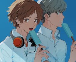 Rule 34 | 2boys, blue background, brown eyes, brown hair, collared shirt, food, grey eyes, grey hair, hanamura yousuke, headphones, headphones around neck, holding, looking at another, looking at viewer, male focus, multiple boys, narukami yuu, open mouth, persona, persona 4, popsicle, shirt, short sleeves, simple background, sweat, tongue, upper body, white shirt, yuni (w067h1)