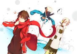 Rule 34 | 1girl, 2boys, absurdres, blue hair, brown hair, bubble, ene (kagerou project), headphones, highres, kagerou project, kisaragi shintarou, konoha (kagerou project), long hair, multiple boys, pachi (sugiyama0306), red eyes, road sign, scarf, short hair, short ponytail, sign, twintails, white hair