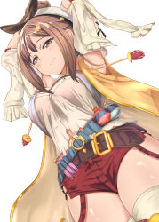 Rule 34 | 1girl, absurdres, arms up, atelier (series), atelier ryza, atelier ryza 1, belt, breasts, brown belt, brown eyes, brown gloves, brown hair, butter curry, cleavage, gloves, hat, highres, large breasts, looking at viewer, navel, red shorts, reisalin stout, short hair, short shorts, shorts, simple background, single glove, smile, solo, test tube, thighhighs, thighs, white background, white hat, white thighhighs