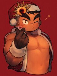 Rule 34 | 1boy, 2022, bara, blush, brown gloves, brown hair, commentary request, forked eyebrows, fur-trimmed gloves, fur trim, gloves, hand up, hat, hat ornament, heart, heart hands, highres, jacket, large pectorals, looking at viewer, male focus, mid (mid skb), muscular, muscular child, muscular male, navel, no shirt, one eye closed, open clothes, open jacket, pectorals, puckered lips, red background, red eyes, santa costume, santa hat, short hair, signature, sleeveless, sleeveless jacket, solo, star (symbol), stomach, teda (housamo), thick eyebrows, tokyo houkago summoners, upper body