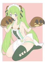 Rule 34 | 1girl, :q, absurdres, alternate costume, animal ears, animal hands, animare, apron, bare shoulders, bear ears, bear paws, blush, border, breasts, cleavage, donguri suzume, enmaided, gloves, green eyes, highres, hinokuma ran, long hair, looking at viewer, maid, maid headdress, medium breasts, naked apron, nanashi inc., paw gloves, pink background, seiza, sideboob, simple background, single thighhigh, sitting, smile, solo, thighhighs, tongue, tongue out, twintails, very long hair, virtual youtuber, white apron, white border, white thighhighs