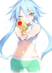 Rule 34 | 1girl, ;d, absurdres, aiming, aiming at viewer, alternate costume, bare shoulders, blue hair, blush, buran buta, casual, cowboy shot, green shorts, grin, hair between eyes, happy, highres, looking at viewer, midriff, navel, neptune (series), one eye closed, open mouth, pointing, pointing at viewer, power symbol, power symbol-shaped pupils, red eyes, shirt, short hair with long locks, shorts, smile, solo, splashing, symbol-shaped pupils, tied shirt, water, water gun, white heart (neptunia), white shirt