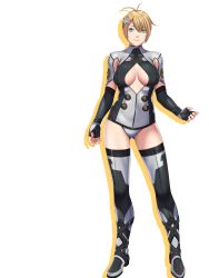 Rule 34 | 1girl, antenna hair, aqua eyes, blonde hair, blue eyes, bodysuit, boots, breasts, bullet hole, celicia lockhart, cleavage, cleavage cutout, closed game, clothing cutout, deputy badge, empress (studio), covered erect nipples, fingerless gloves, game cg, gloves, hair ornament, hairclip, highres, large breasts, legs, leotard, looking at viewer, no bra, revealing clothes, sei shoujo, short hair, skin tight, smile, solo, standing, star (symbol), star hair ornament, thigh boots, thighhighs, thighs, transparent background