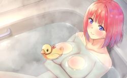 Rule 34 | 1girl, bath, bathing, bathtub, blue eyes, blunt bangs, blush, breasts, cleavage, closed mouth, commentary request, completely nude, from above, go-toubun no hanayome, highres, hofumaso, indoors, large breasts, nakano nino, nude, partially submerged, pink hair, rubber duck, short hair, smile, solo, water