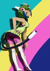 Rule 34 | 10s, 1girl, absurdres, ass, bare shoulders, blue hair, boots, breasts, dimension w, dress, green eyes, green hair, highres, leaning, leaning forward, looking at viewer, looking back, matching hair/eyes, multicolored hair, short hair, shunsheng, sideboob, smile, solo, streaked hair, tail, tattoo, thigh boots, thighhighs, upskirt, yurizaki mira
