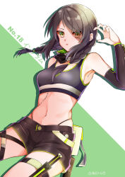 Rule 34 | 1girl, arm behind back, arm sheath, bandana, belt, belt pouch, black hair, black shorts, braid, breasts, character name, cowboy shot, crop top, detached sleeves, fingernails, girls&#039; frontline, green background, green eyes, green trim, hair over one eye, hand up, highres, knife sheath, knife sheath, long hair, looking at viewer, low twintails, mac-10 (girls&#039; frontline), midriff, navel, parted lips, pouch, sheath, shorts, simple background, small breasts, solo, stitches, thigh sheath, thigh strap, thong, translation request, tsubakiya setsuna, tsurime, twin braids, twintails, white background