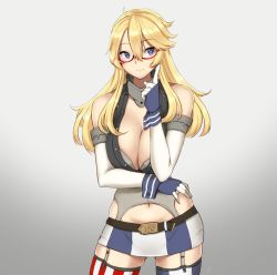 Rule 34 | 10s, 1girl, american flag, american flag legwear, bad anatomy, belt, bespectacled, blonde hair, blue eyes, breasts, cleavage, closed mouth, elbow gloves, fingerless gloves, front-tie top, garter straps, glasses, gloves, hayabusa, iowa (kancolle), kantai collection, large breasts, miniskirt, navel, skirt, smile, solo, standing, star-shaped pupils, star (symbol), striped clothes, striped thighhighs, symbol-shaped pupils, thighhighs, vertical-striped clothes, vertical-striped thighhighs