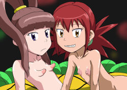 Rule 34 | amano nene (digimon xros wars), digimon, digimon xros wars, hair ornament, hairclip, hinomoto akari, long hair, orange eyes, ponytail, red hair, split ponytail, twintails