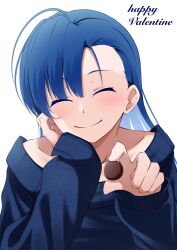Rule 34 | 1girl, ^ ^, ado (utaite), ahoge, asymmetrical bangs, blue hair, blue sweater, chocolate, closed eyes, closed mouth, cloud nine inc, collarbone, commentary request, happy valentine, highres, incoming food, long hair, long sleeves, looking at viewer, merry (ado), nori (norinori yrl), readymade (ado), simple background, sleeves past wrists, smile, solo, sweater, upper body, valentine, white background