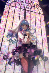 Rule 34 | 1girl, bad id, bad pixiv id, black skirt, black thighhighs, blue hair, church, floating hair, from below, highres, indoors, layered skirt, long hair, original, own hands clasped, own hands together, purple eyes, shirt, skirt, solo, stained glass, thighhighs, watermark, web address, white shirt, y.i. (lave2217)