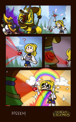 Rule 34 | 1girl, 4koma, annoyed, blonde hair, cloud, comic, league of legends, lux (league of legends), nasus, rainbow, sonakton, tail, tail wagging, teemo