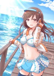Rule 34 | 1girl, belt, bikini, blush, breasts, brown eyes, brown hair, cleavage, cloud, copyright name, cowboy shot, day, floating hair, groin, hand in own hair, headphones, headset, hitsuji nata, idolmaster, idolmaster cinderella girls, jacket, jewelry, long hair, looking at viewer, medium breasts, navel, necklace, nitta minami, ocean, open clothes, open jacket, open mouth, outdoors, pendant, pier, skirt, sky, smile, solo, sparkle, standing, sunlight, swimsuit, thighhighs, twitter username, wind