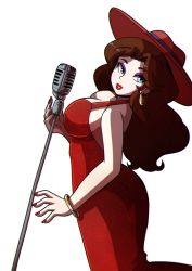 Rule 34 | 1girl, bare arms, bare shoulders, blue eyes, breasts, brown hair, cleavage, donkey kong (series), dress, earrings, eyeshadow, hat, jewelry, large breasts, lipstick, long hair, looking at viewer, makeup, mario (series), mayor, microphone, microphone stand, nail polish, nintendo, parted lips, pauline (mario), red dress, sideboob, smile, solo, super mario odyssey, white background