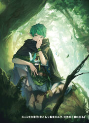 Rule 34 | 1boy, ankle boots, belt, blue pants, boots, brown belt, cape, elf, fold-over boots, forest, genyaky, green eyes, green hair, green theme, hand up, highres, looking at viewer, male focus, nature, official art, original, outdoors, pants, pointy ears, sitting, solo, tassel, wristband