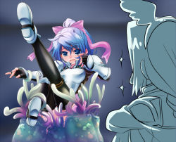 Rule 34 | 1boy, 1girl, armor, black gloves, black pantyhose, blue eyes, blue hair, blush, boobplate, bow, breastplate, commentary request, fake wings, fingerless gloves, full body, gauntlets, gloves, hair between eyes, hair bow, head wings, high priest (ragnarok online), kawagoe pochi, long hair, lord knight (ragnarok online), miniskirt, open mouth, panties, pantyhose, penomena, pink bow, pink skirt, ponytail, ragnarok online, skirt, solo focus, spica parfait, striped clothes, striped panties, tentacles, underwear, wings