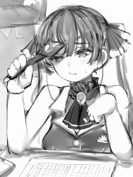 1girl, 1other, ascot, bare shoulders, breasts, brooch, clenched teeth, eyepatch, eyepatch removed, fountain pen, frustrated, greyscale, hair ornament, highres, holding, holding pen, hololive, houshou marine, jewelry, large breasts, monochrome, nanashi (nlo), out of frame, pen, shirt, simple background, sweat, teeth, twintails, white background